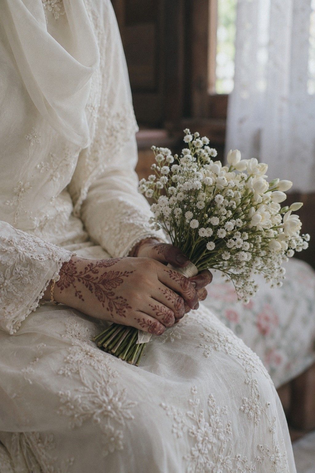 Tangan pengantin perempuan berinai merah memegang sejambak bunga putih kecil, berbaju kurung putih, cahaya pagi dari tingkap