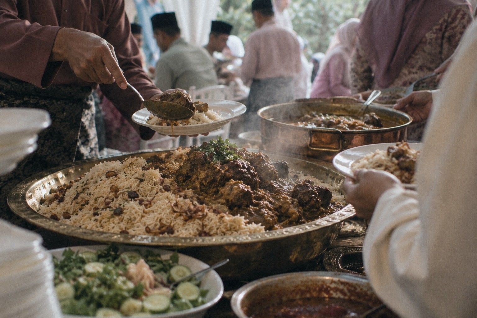 Dulang besar nasi minyak berlauk kari dan acar di atas meja kenduri, tangan menghidang dari tepi, tetamu di belakang