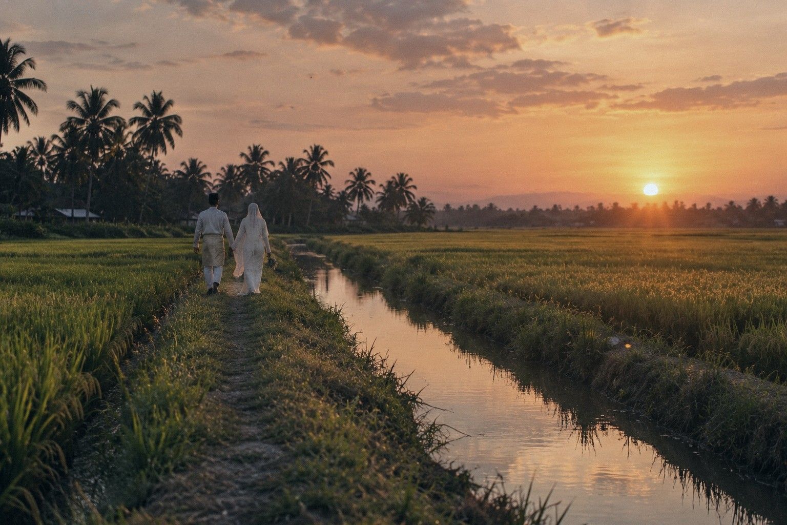 Dua orang tua berjalan di atas batas sawah padi hijau waktu matahari terbenam, dilihat dari belakang, parit air di sebelah